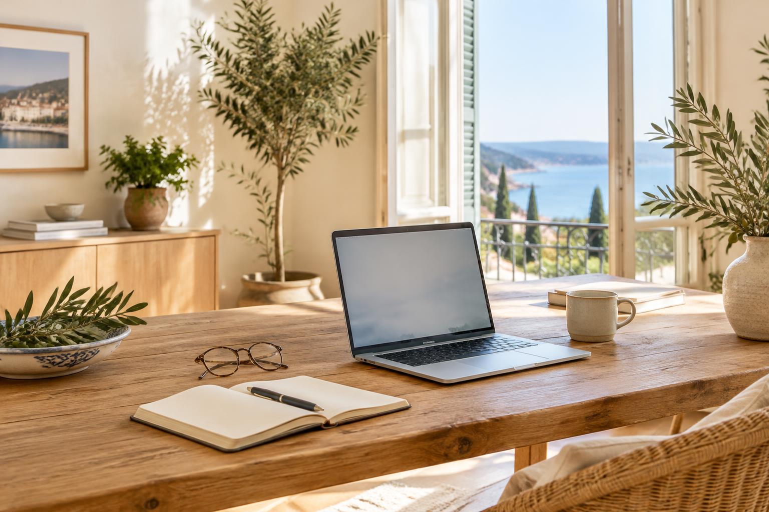 Bureau lumineux avec ordinateur, carnet et plantes, illustration d’ambiance
